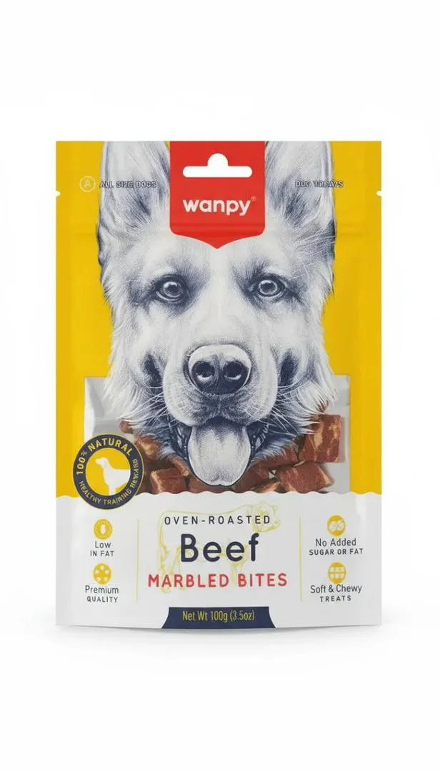 تشویقی سگ ونپی مدل لقمه‌ای گوشت گاو (Wanpy Beef Marbled Bites) - وزن 100 گرم